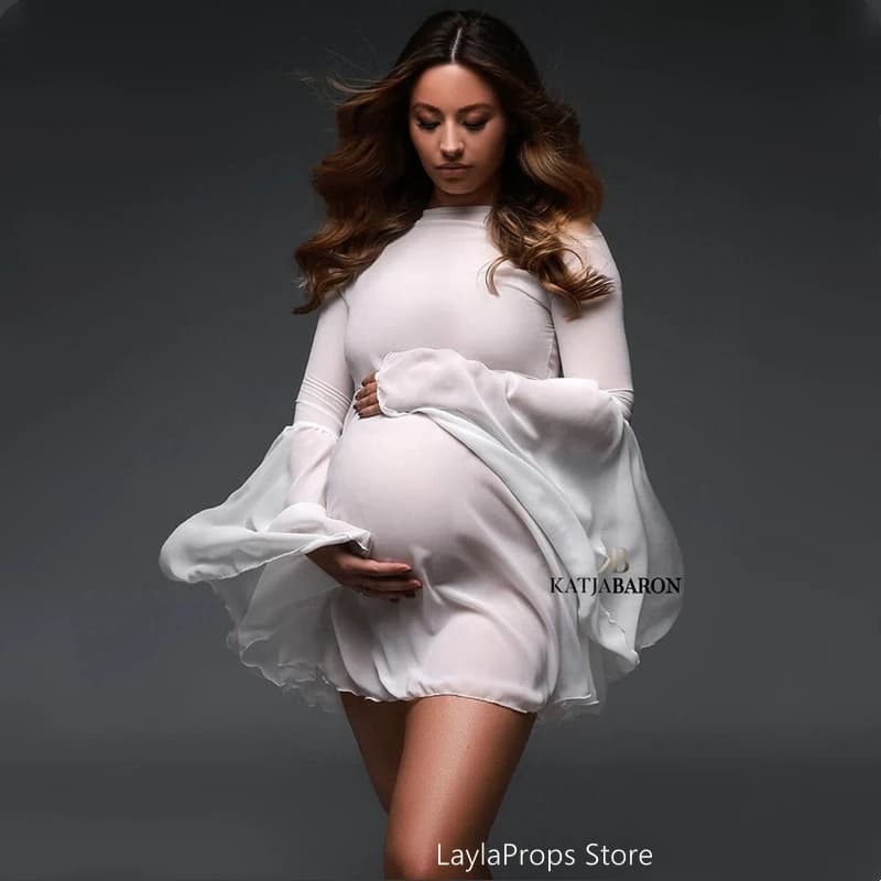 Pregnancy Dresses for Photo Shooting White Chiffon Maternity Photo Shoot Flare Flounce Sleeve See Through Photography Clothes