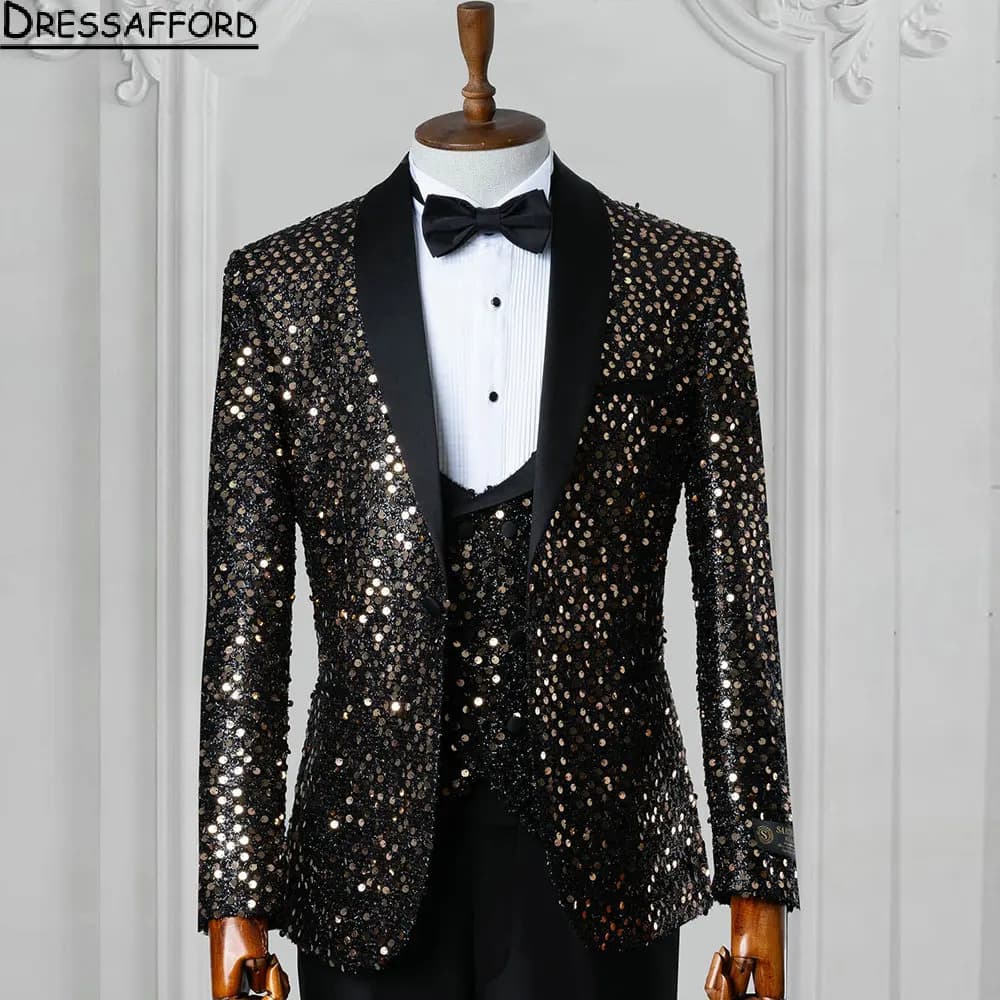 Black Sequined Groom Wear Formal Men Suits 3 Piece Jacket Vest And Pants Sets Smart Casual Business Blazer