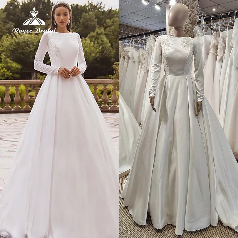 Elegant Satin A Line Wedding Dress Long Sleeve Lace Bridal Gowns Muslim Wedding Gowns Covered Back Vestido de novia Customized