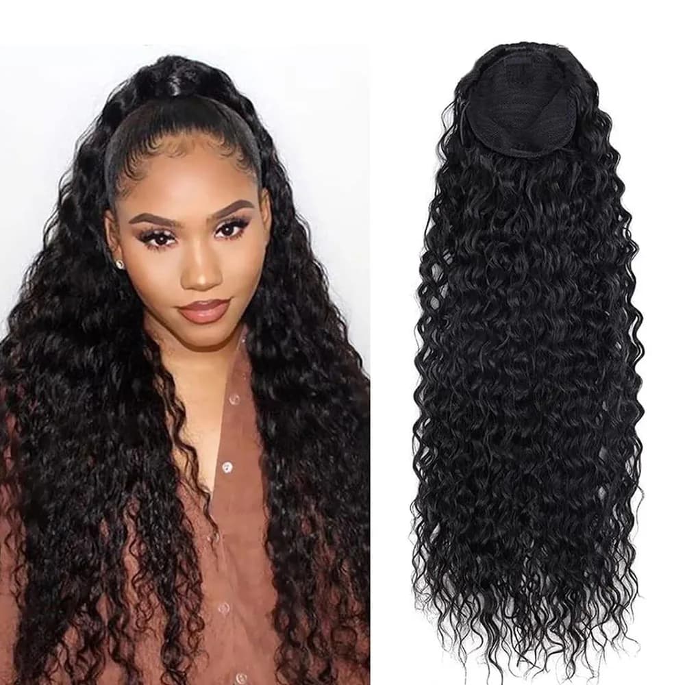 Curly Deep Water Wave Ponytail Extensions Drawstring Ponytail Natural Black Color 100% Human Hair With Clip Thick Ponytail Hair