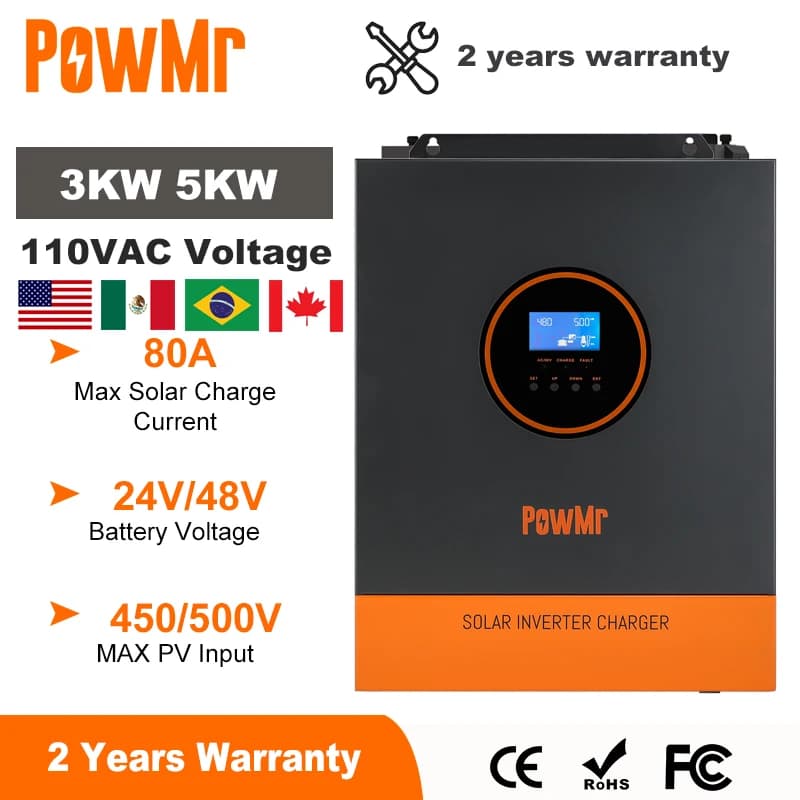 PowMr 3000W 5000W Hybrid Solar Inverter 110V 24V 48V Single Phase Pure Sine Wave Inverter with 80A MPPT Solar Charge Controller