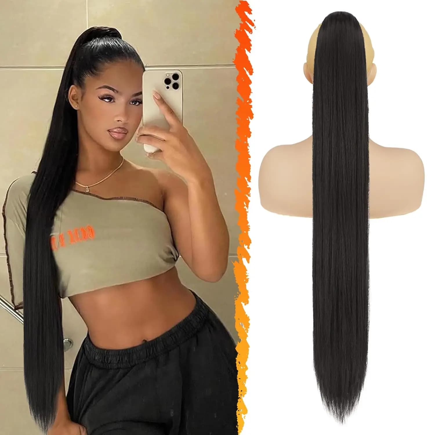 Straight Ponytail Human Hair Extensions With Clip In Drawstring Ponytail Straight Brazilian Ponytail For Women Natural Black #1B