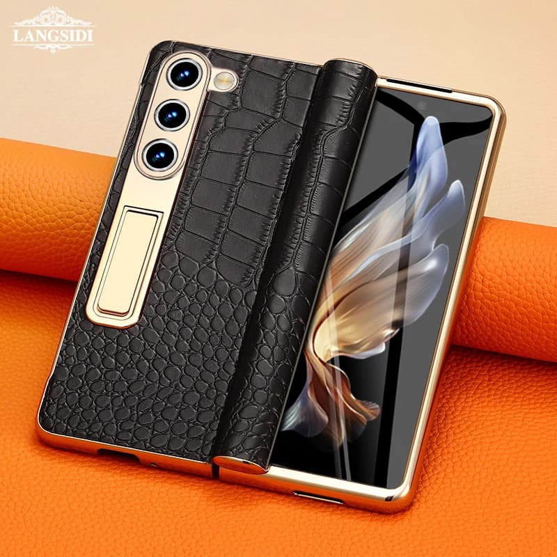 LANGSIDI Leather Case for Samsung Galaxy Z Fold 6 5 4 3 Fold6 Fold5 Gold Plating Magnetic Hinge Stand Cover with Mirror Film