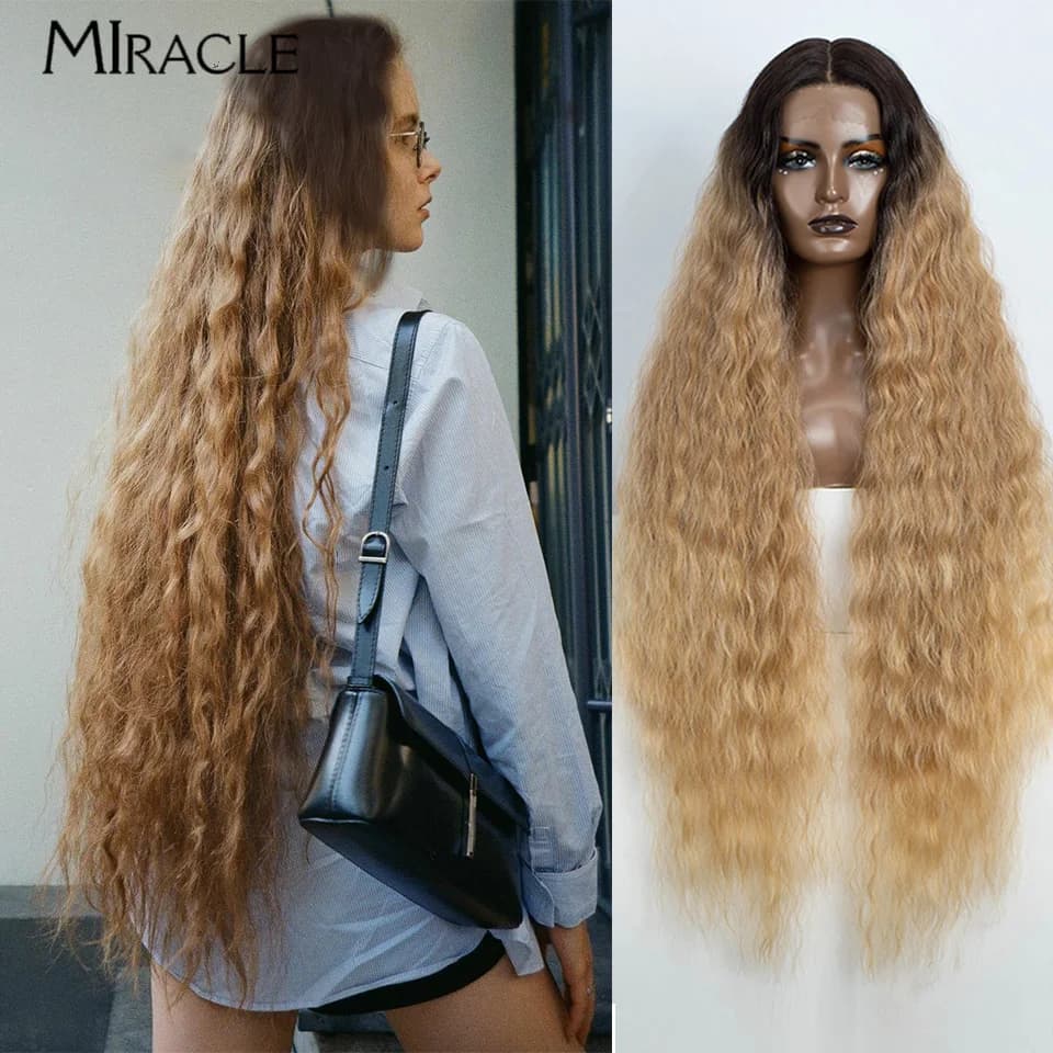 MIRACLE Synthetic Lace Front Wig For Women 40Inch Cosplay Wig Super Long Wavy Lace Wig Heat Resistant Ombre Blonde Wig Curly Wig