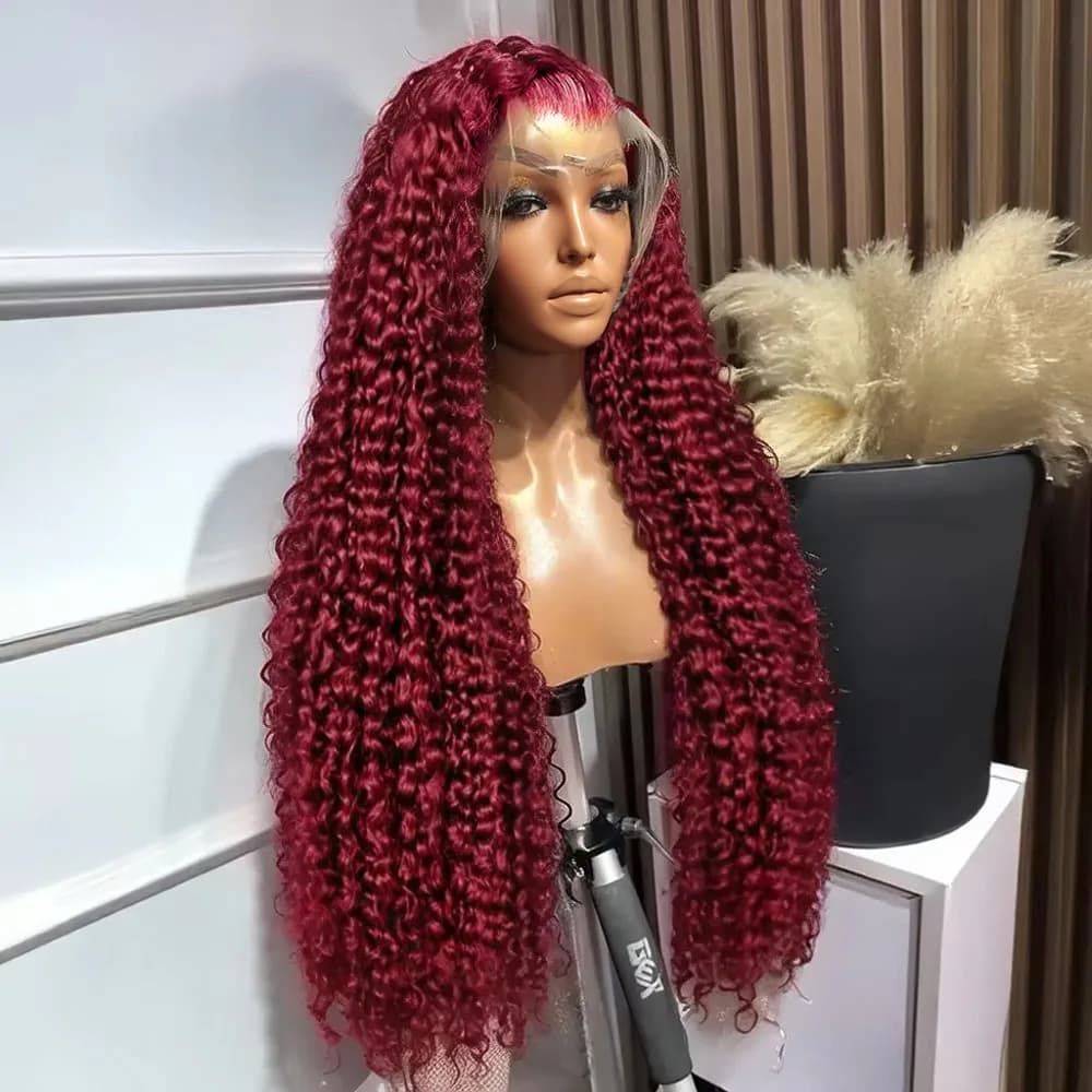 200 Density 99j Burgundy 30 40 Inch HD 13x6 Lace Frontal Wigs Human Hair Transparent Preplucked Red Colored Deep Wave Remy Hair