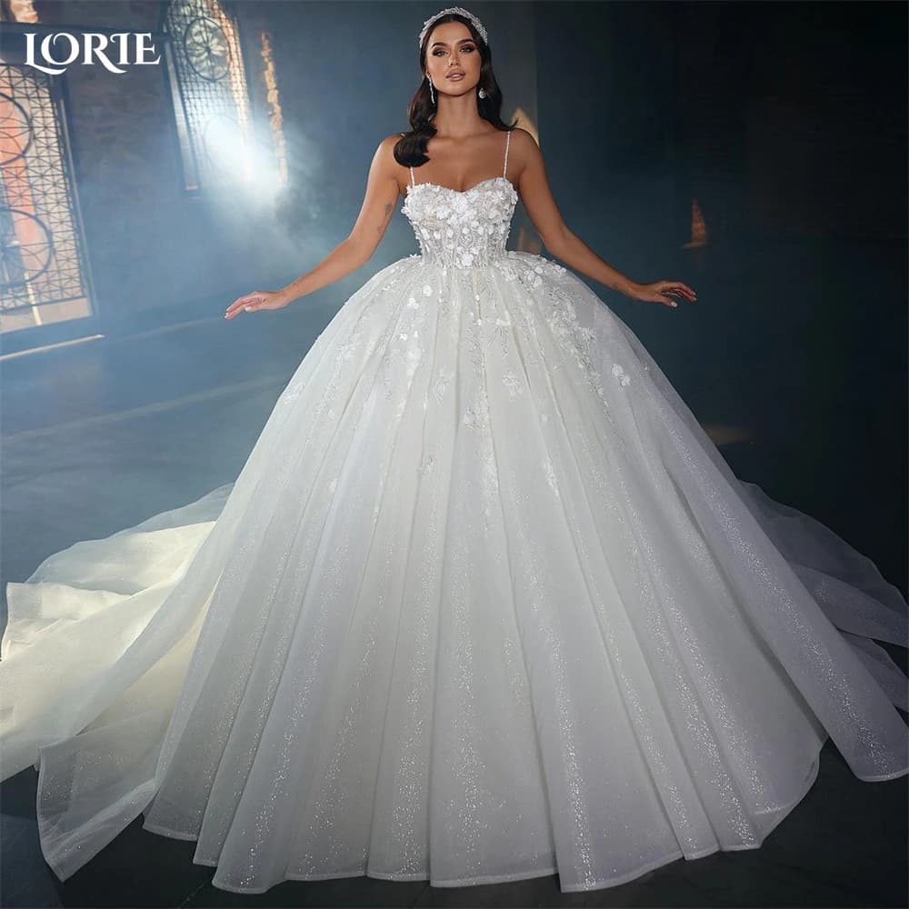 LORIE Glitter Lace Wedding Dresses Spaghetti Strap Shiny 3D Flower Sweetheart Bridal Gowns Puffy Princess Bride Dress Customized