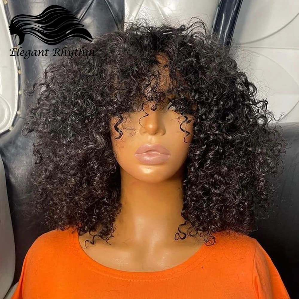 Short Bob Curly Human Hair Wigs with Bangs Natrual Black Glueless Brazilian Human Hair Kinky Curly Fringe Wigs for Black Women