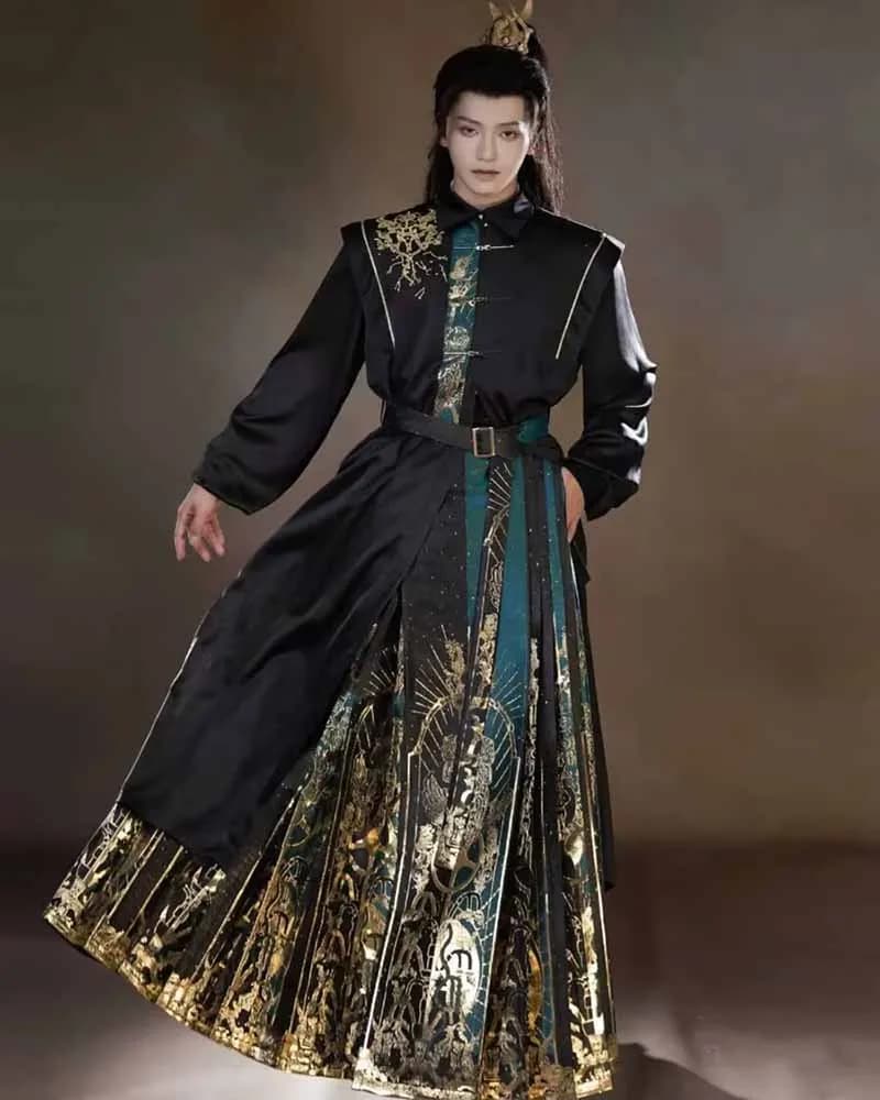 New Chinese Hanfu Horse Face Skirt 2024 Autumn Men Long Sleeve Shirt Weaving Gold Pleated Skirt Fashion Suit Party Outfit Men