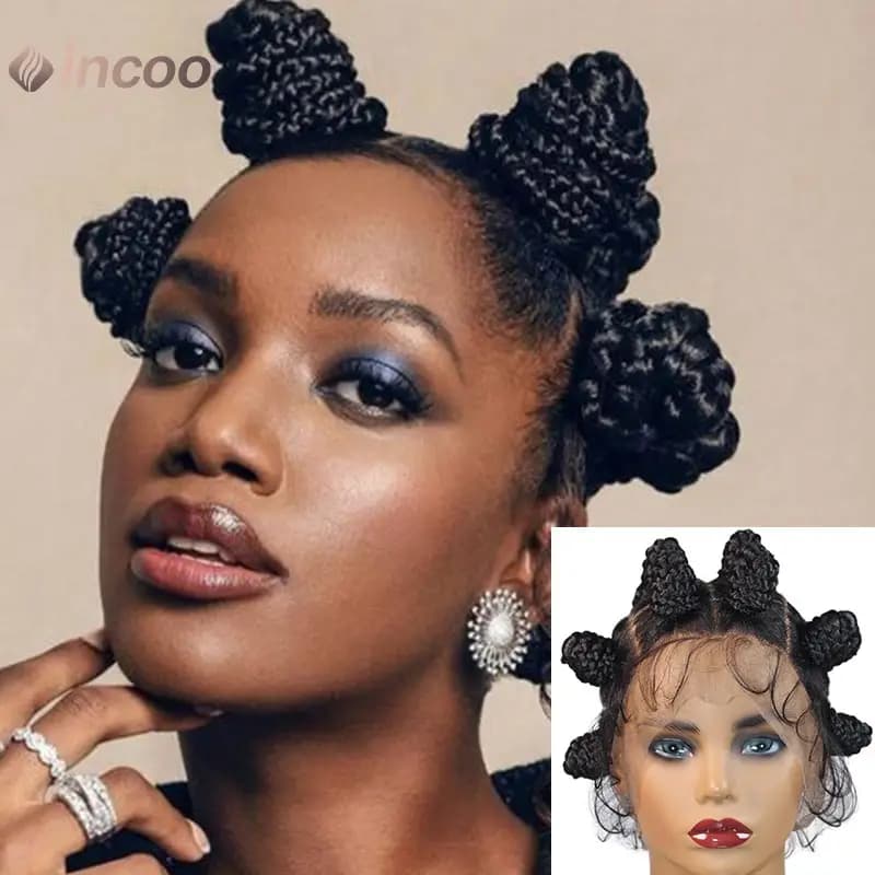 Synthetic Lace Front Wigs Short Crochets Braids 360 Full Lace Wigs Goddess Bantu Knots Box Braiding Hair Wig for Black Women
