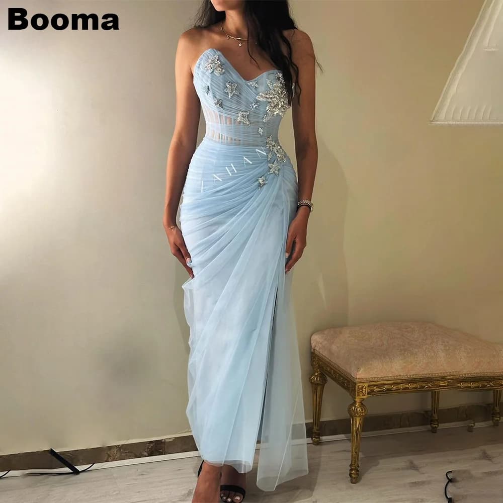 Booma Sky Blue Mermaid Evening Dresses Sweetheart Sleeveless Crystal Formal Occasion Gowns Ankle Length Prom Dresses Customized