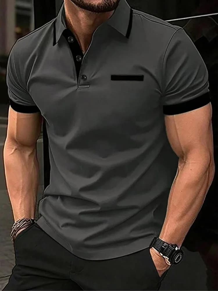 Men's Polo Shirt Fashion Business Casual Crew Neck Short Sleeve Formal Stripes Patchwork Summer Black T Shirt Men's Clothing