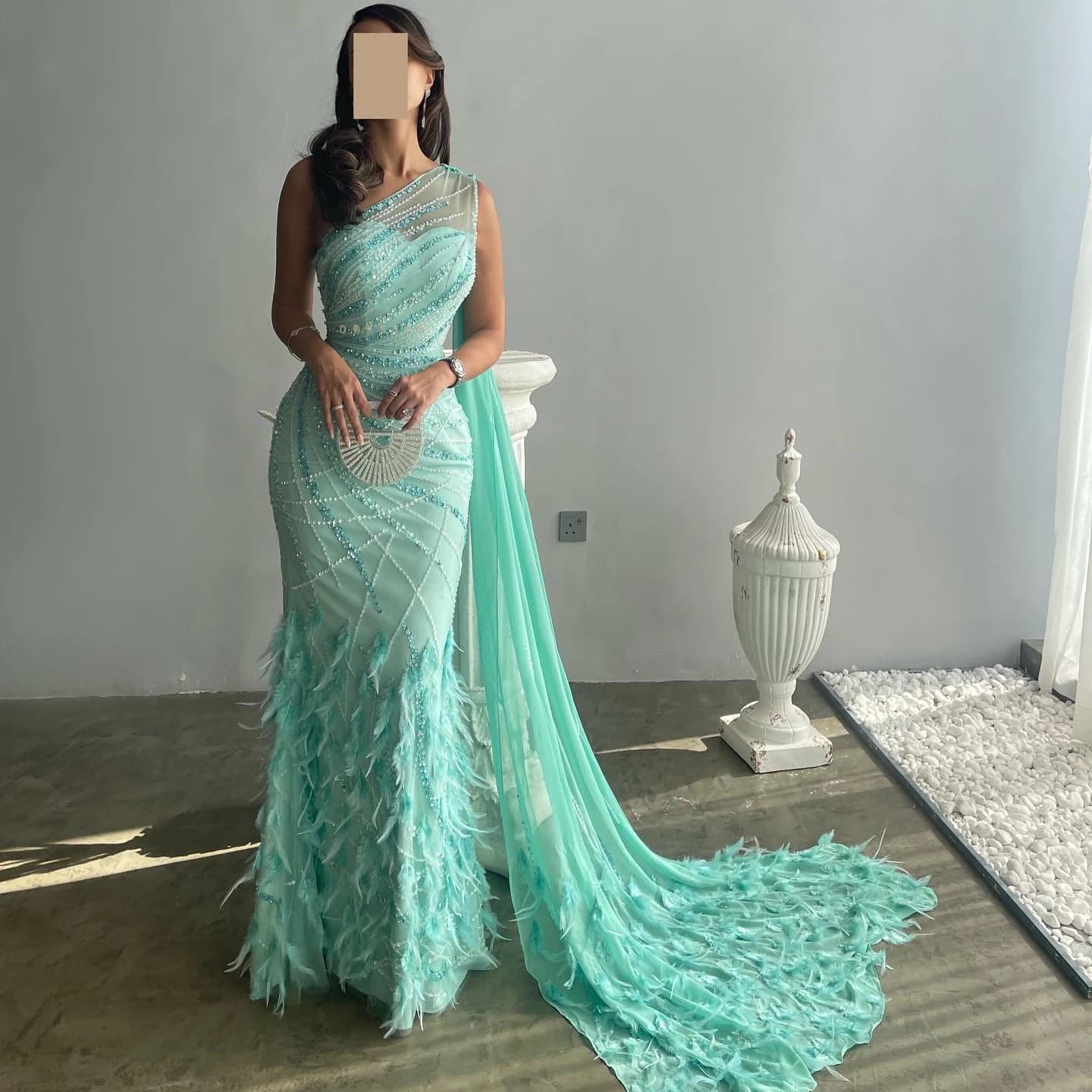 Sharon Said Luxury Feather Turquoise Aqua One Shoulder Evening Dresses with Cape Train Prom Wedding Party Gowns SS498 Customized