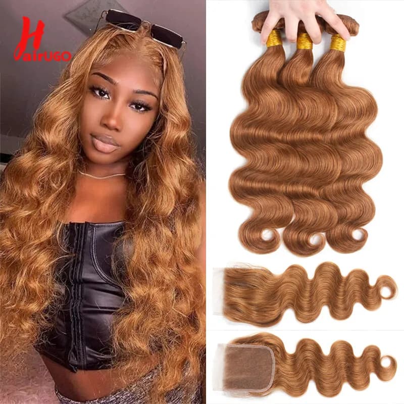 #30 Brown 2/3 Bundles With 4x4 Lace Closure Colored Body Wave Human Hair Closure With Bundles Remy Hair Weave HairUGo Brazilian