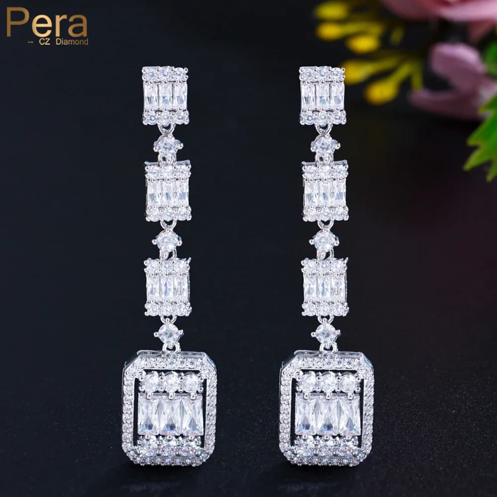 Pera Classic White Square Shape Cubic Zirconia Silver Color Long Dangle Drop Earrings Prom Party Dress Jewelry for Female E851