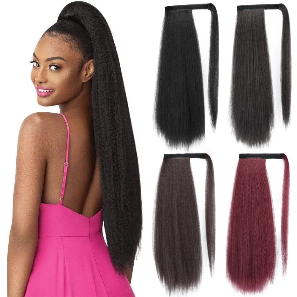 Kinky Long Straight Ponytail Hair Extension 24Inch 30Inch Magic Paste Heat Resistant Wrap Around Yaki Ponytail for Black Women