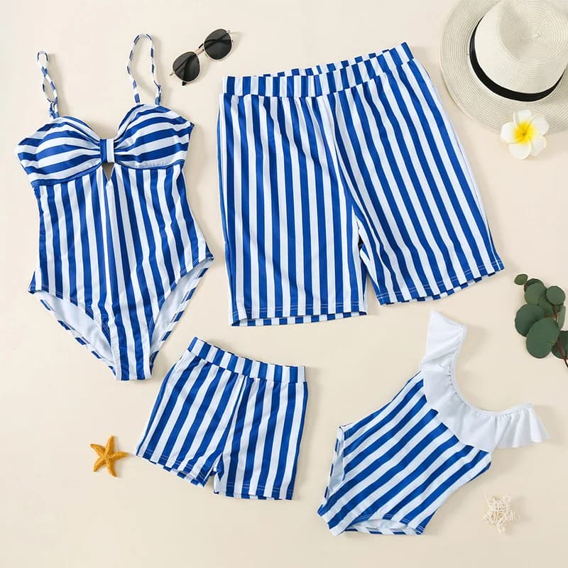 Family Swimwear Striped Mommy and Me Swimsuit Mother Daughter Bikini Family Mtching Clothes Dad Son Swim Trunks Beach Shorts