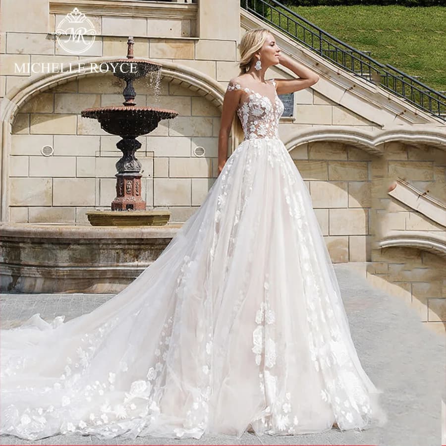 Michelle Royce Sweetheart A-Line Wedding Dresses For Women Spaghetti Straps Button Appliques Sexy Wedding Gown Vestido De Novia