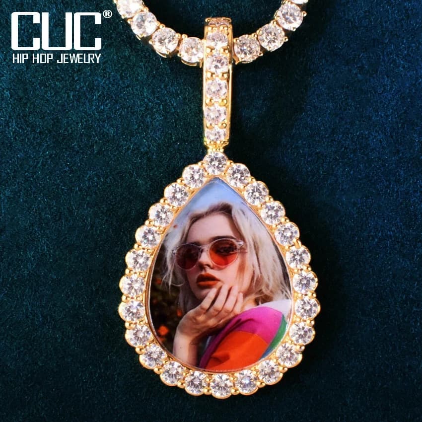 Custom Drip Shape Memory Pendant Make Medallions Necklace Chain Solid Back One Row Big Zircon Hip Hop Jewelry for Men Women