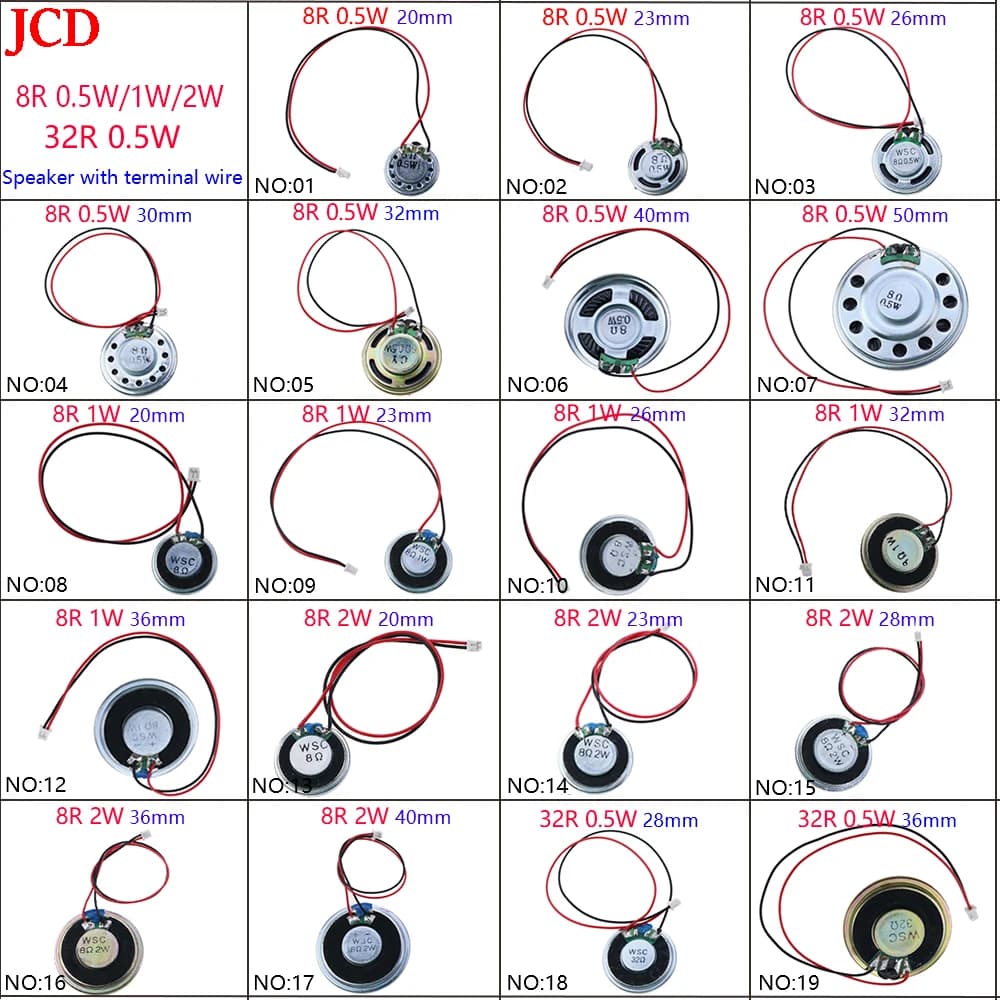 NO:01-16 1pcs ultra-thin speaker 8R 32R 0.5W 1W 2W loudspeaker speaker diameter 20 23 26 28 30 32 36 40 50MM with terminal cable