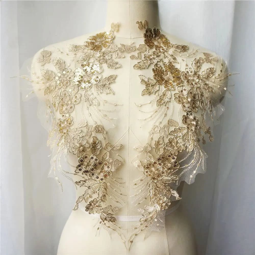 2PCS Gold Sequin Flower Tassel Wedding Gown Appliques Lace Fabric Embroidered Trims Collar Mesh Sew Patch For Dress DIY Decorat