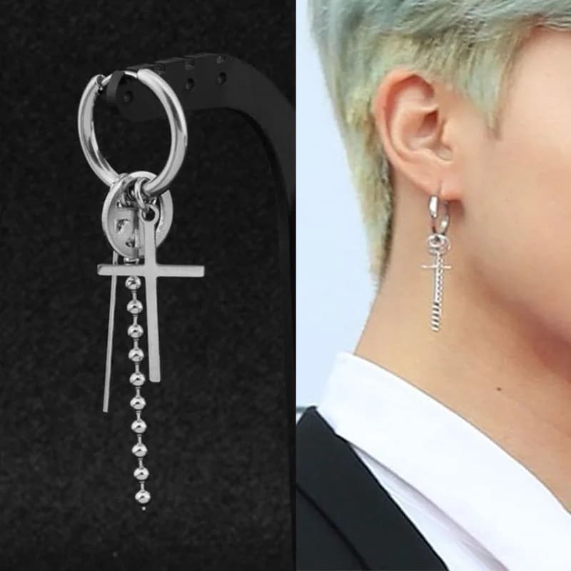 Korean Cross Long Tassel Earrings for Men Stainless Steel Silver Color Moon Hoop Earrings Jewelry Guys Rock Hip Hop Punk Earring
