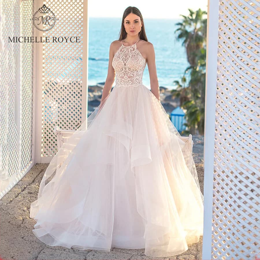 Michelle Royce A-Line Wedding Dresses For Women Sexy Halter Cut-out Appliques Backless Court Train Wedding Gown Vestido De Novia