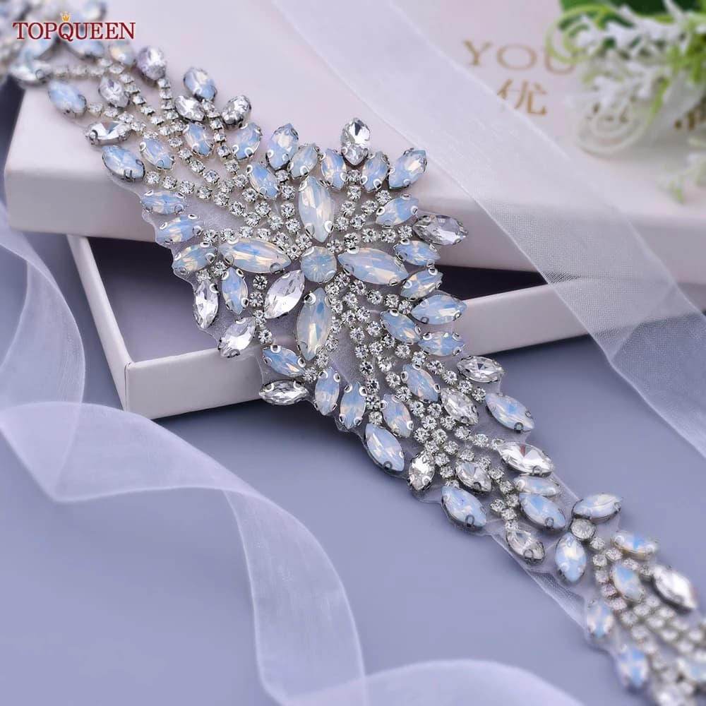 TOPQUEEN S11A Luxury Bride Dress Belts Silver Opal Rhinestone Wedding Evening Party Gown Women Applications Sparkly Shiny Sash