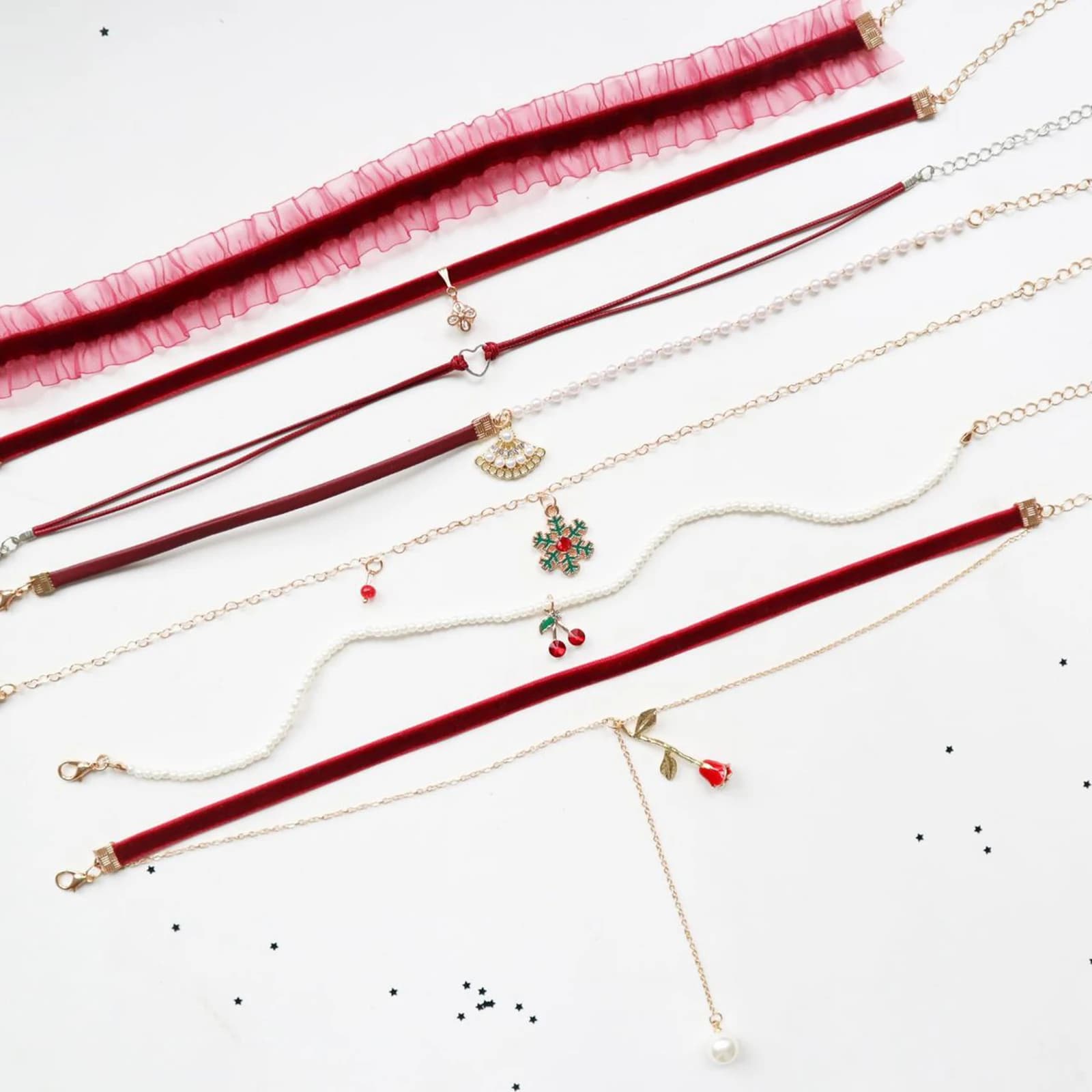 Red Series Velvet Tiny Heart Pendants Chokers Necklaces Red Wine Flower embroidery Neck Charm Necklace Lace Choker Women Jewelry