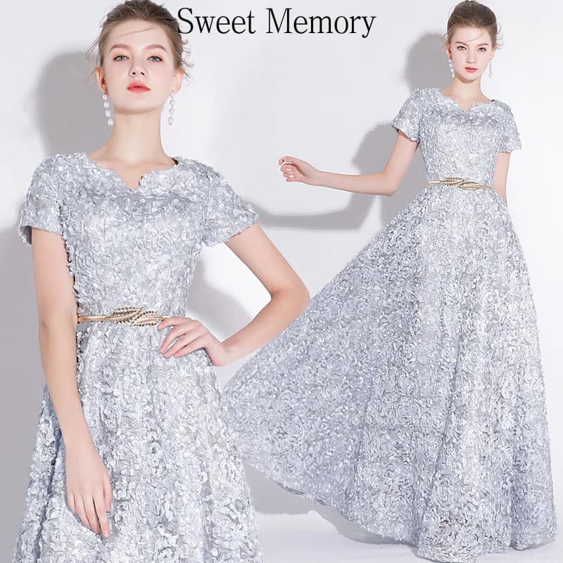 N20168 Pink Navy Blue Lace Short Sleeve Evening Dress With Belt Sweet Memory Plus Size Robe De Soiree Formal Party Dresses