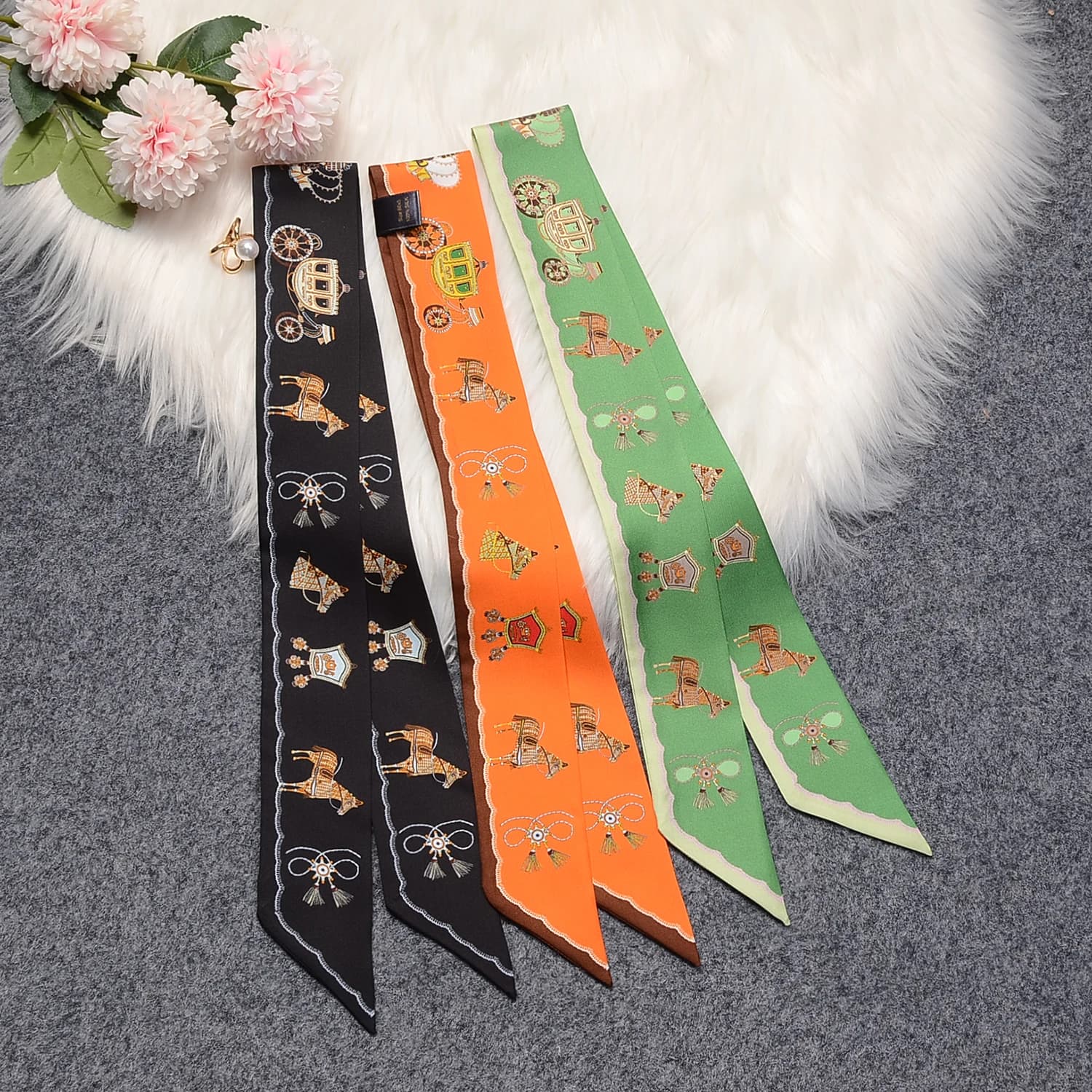 Retro horse head Carriage chain Printed Handle Bag Ribbons Brand Fashion Head Scarf Small Long Skinny Scarves silk scarf hijab