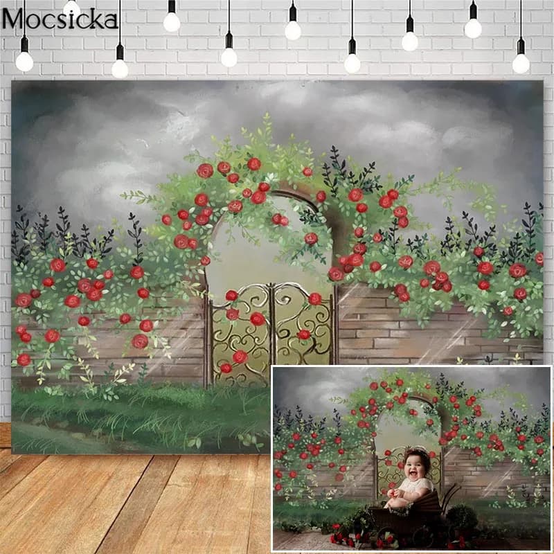 Spring Garden Floral Photography Backdrops Red Flowers Wrought Iron Gate Decor Kids Cake Smash Photocall Background Photo Studio