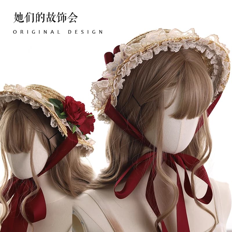 Lolita Straw Hat French Pastoral Flower Sunshade Girly Lolita Multi-Color Han Yang Eclectic Flat-Top Cap