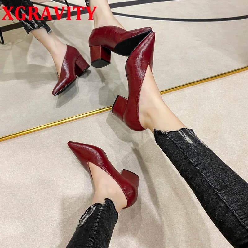 XGRAVITY Luxury Brand Sexy Dress Shoes Elegant Chunky High Heeeled Pumps Sexy Pointed Toe Evening Shoes Women Shoes V Cut Shoes