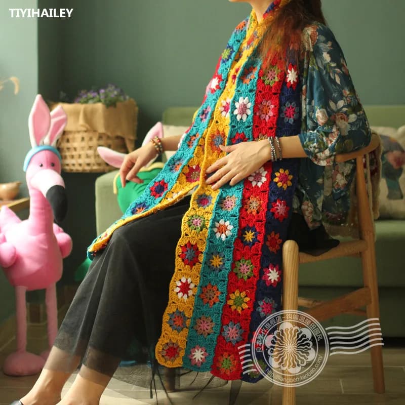 TIYIHAILEY-Hand Made Crochet Knitting Scarf, Long, Colorful, Warm, All-Match, Patchwork, Fashion, Winter, 2024