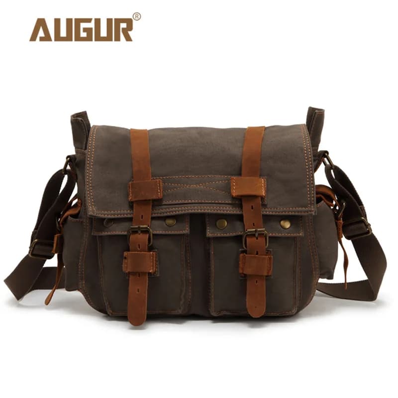 AUGUR Men's Crossbody Bag Vintage Military Men Work Bag Canvas Messenger Bag Teenager College School Bag Travel Shoulder Bags