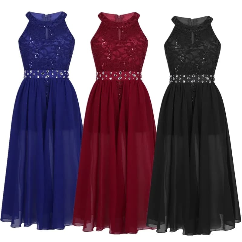 Kids Girls Sleeveless Floral Lace Rhinestone Party Dress Dance Romper for School Pageant Birthday Wedding Stage Performance