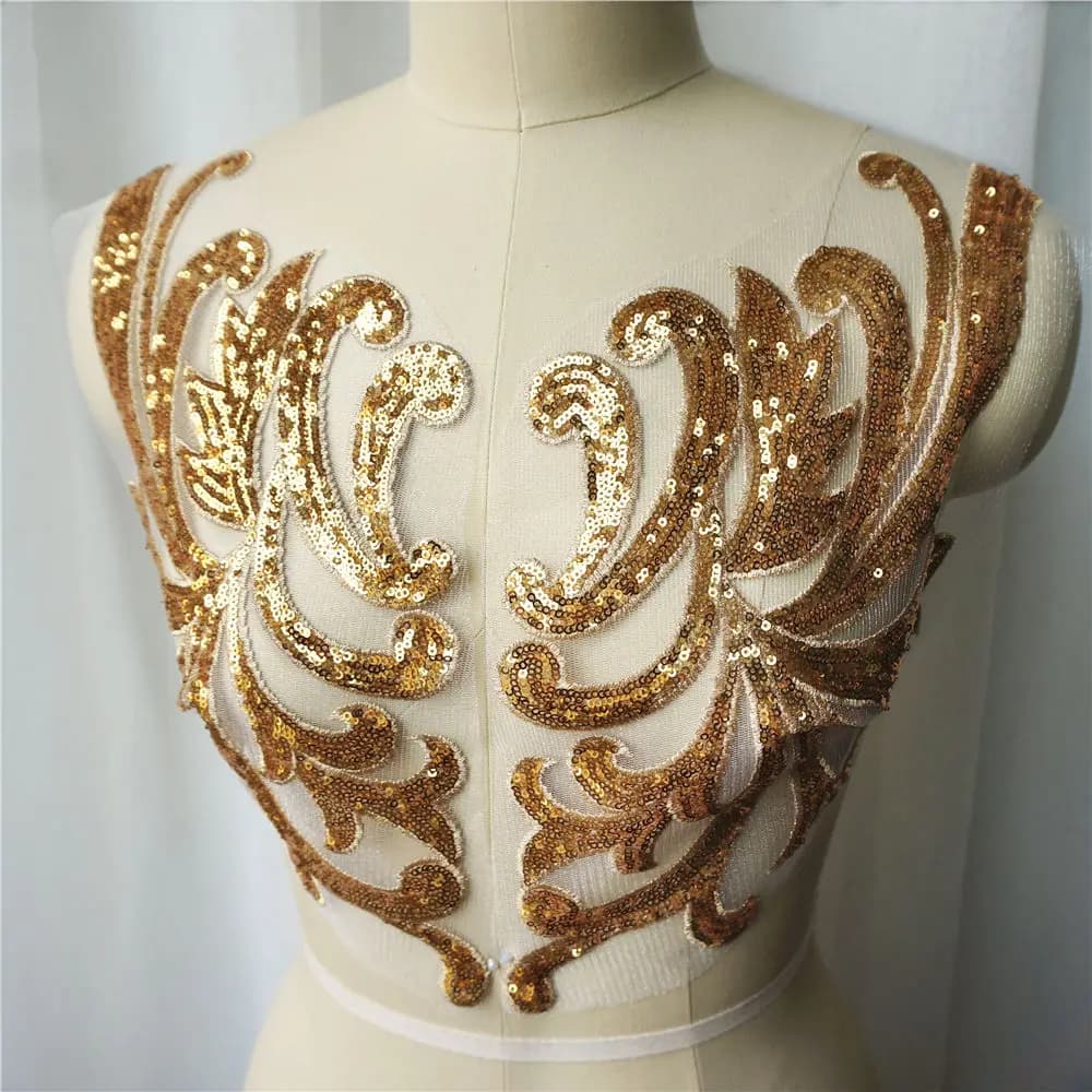 2PCS 46CM Gold Sequin Lace Fabric Appliques Sew On Patches Mesh Wedding Decoration Embroidery For Bride Evening Dress DIY