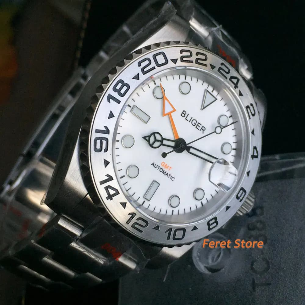 BLIGER New 40mm Men's Top Luxury Mechanical Watch White Dial Sapphire Glass Metal Bezel Date Window Orange GMT Automatic Watch