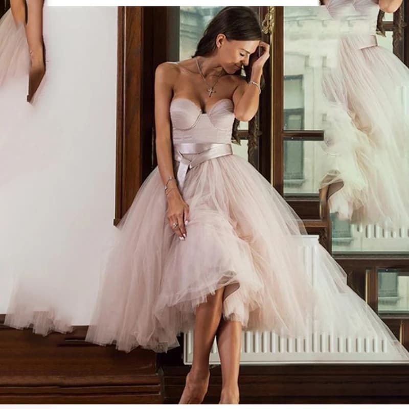 Short Informal Strapless Wedding Dress 2021 Bride Dress Knee Length Hot Sale Pink Tulle Wedding Gowns vestidos de novia