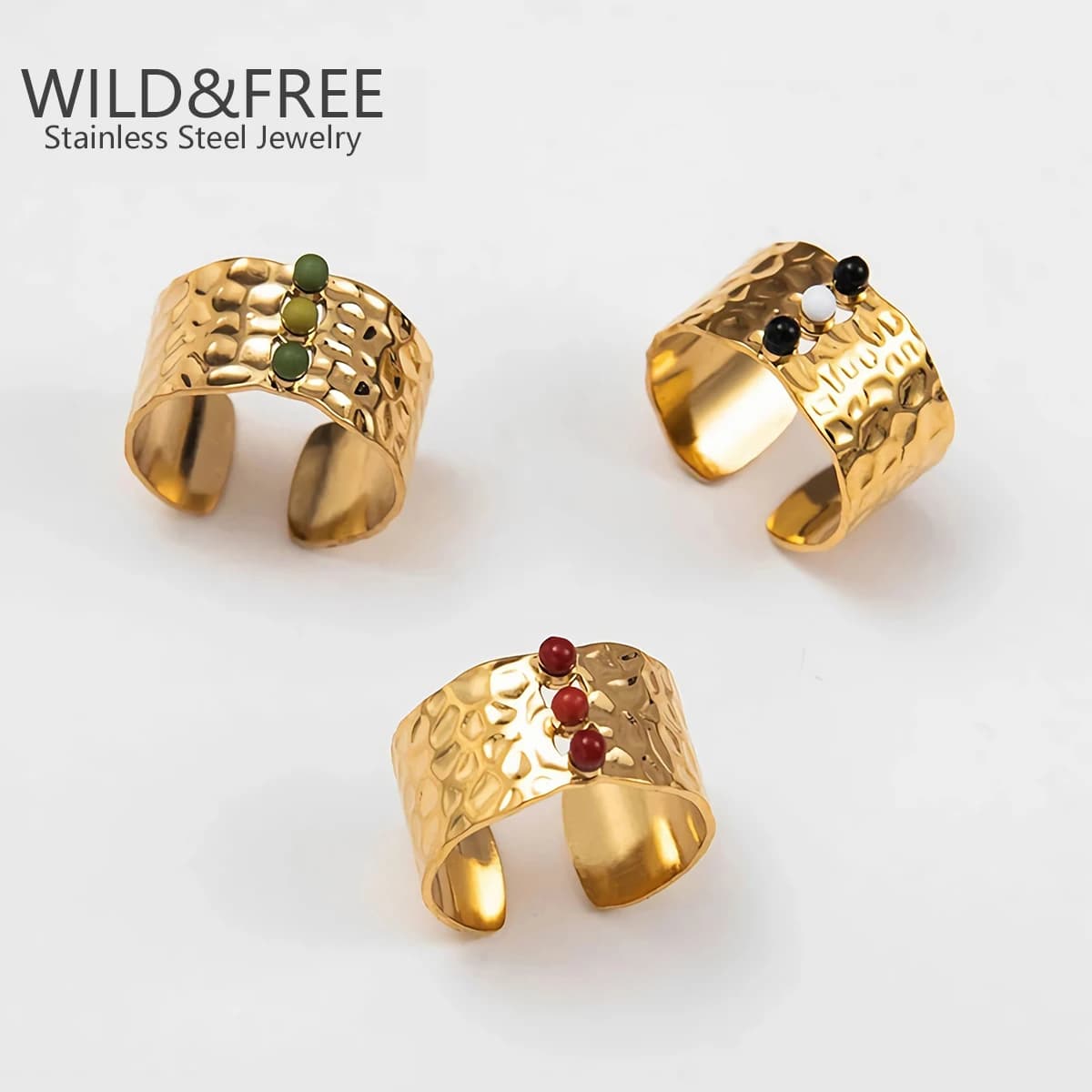 Gold Plated Wide Opening Finger Rings Jewelry for Women Stainless Steel Handmade Stone Concave Convex Adjustable Ring