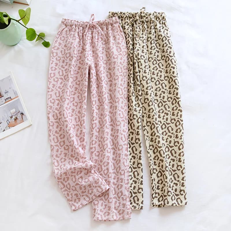 2025 spring and summer new ladies pants 100% cotton crepe leopard print pajamas sweat-absorbent breathable home pants trousers
