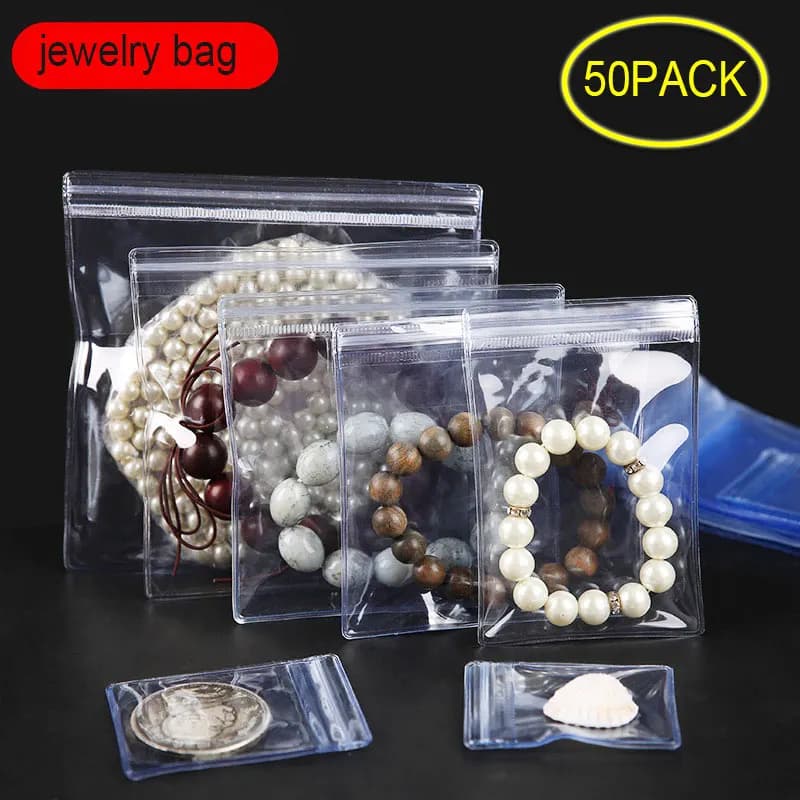 50pcs PVC Self Sealing Plastic Jewelry Zip Lock Bags Thick Clear Ziplock Earrings Packaging Storage Bags
