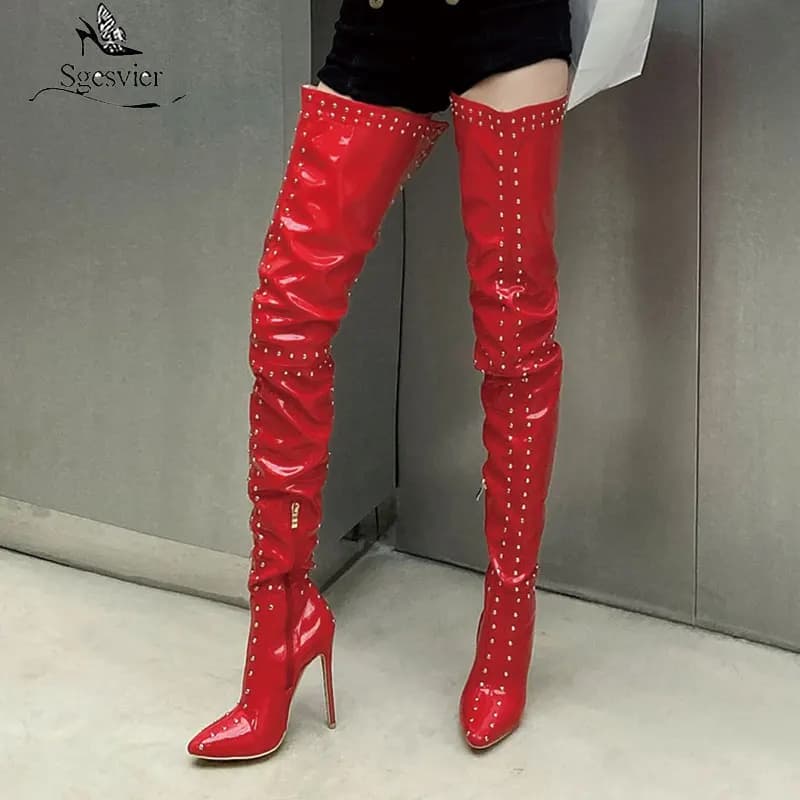 Sgesvier Large Size 30-48 Thigh High Boots Heels Stiletto PU Leather Rivet Over The Knee Boots Party Pole Dance Night Club Shoes