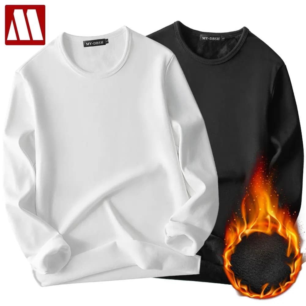 2024 Winter Cloth Men's Pullover Shirt Thermal Underwear Man Tops Plus Velvet Thick Fur Fleece T-Shirt Keep Warm Layered Pajamas