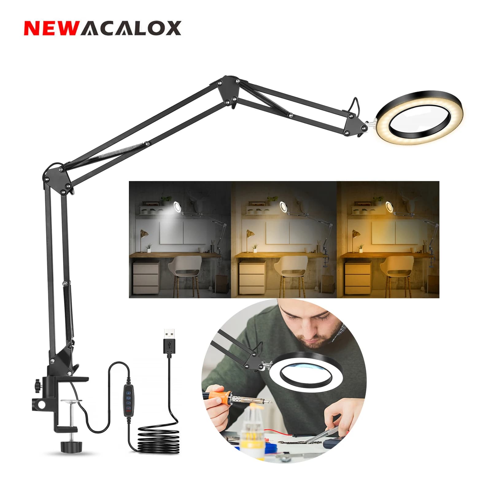 NEWACALOX Flexible Desk Large 5X USB LED Magnifying Glass 3 Colors Illuminated Magnifier Lamp Loupe Reading/Rework/Soldering