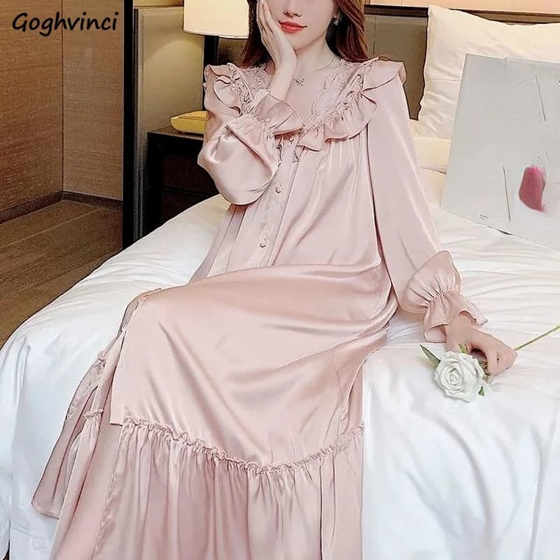 Nightgowns Women Autumn New French Style Sexy Solid Ruffles Long Sleeve Loose Sleepwear Classy Casual Lounge Soft Sweet Homewear