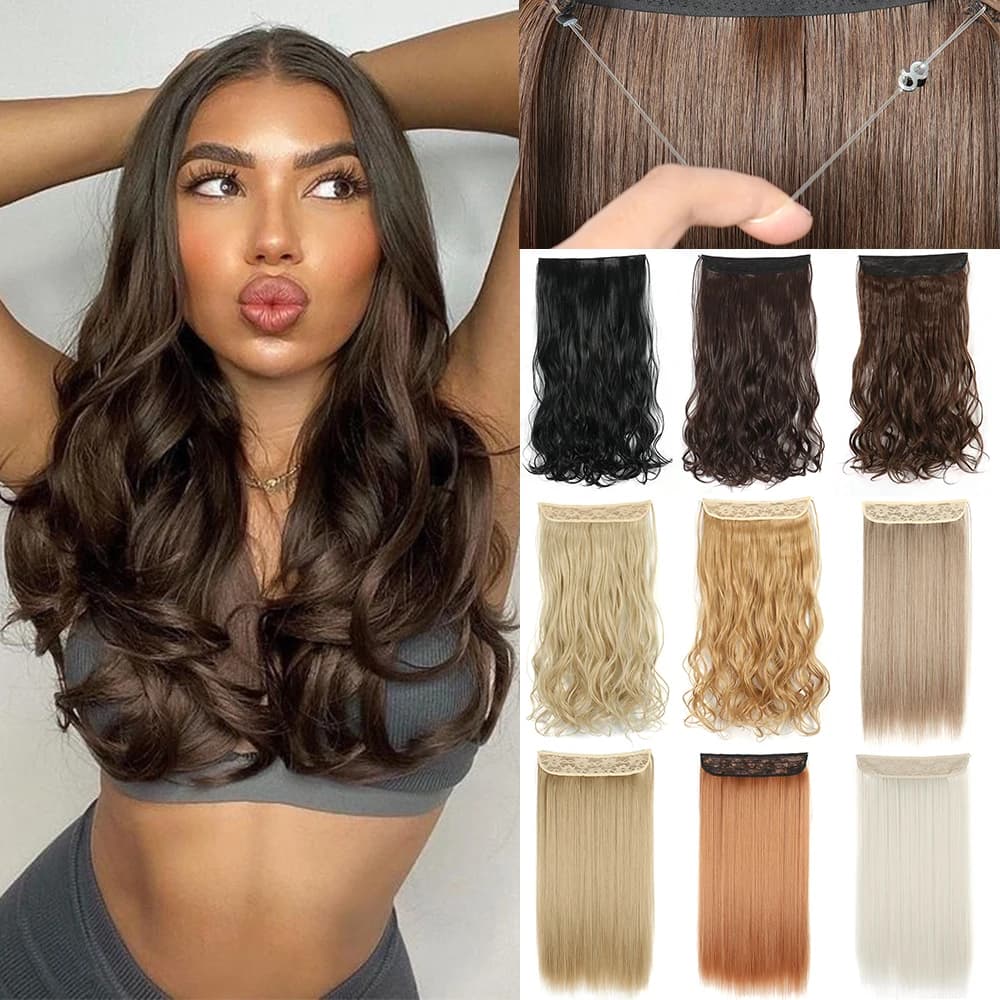 Hair Extensions No Clips Synthetic Fake Hair Ombre Pink Blonde Brown Black Natural Wavy Curly False Hair Piece For Woman