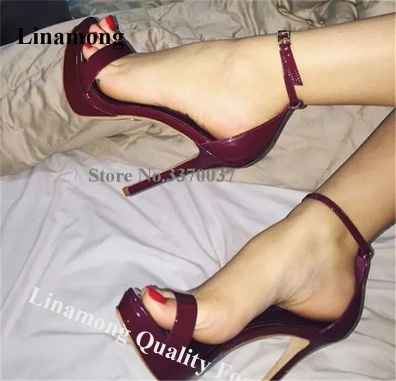 Linamong Elegant Women Open Toe Burgundy Patent Leather High Platform Stiletto Heel Sandals Black Wine Red High Heel Sandals