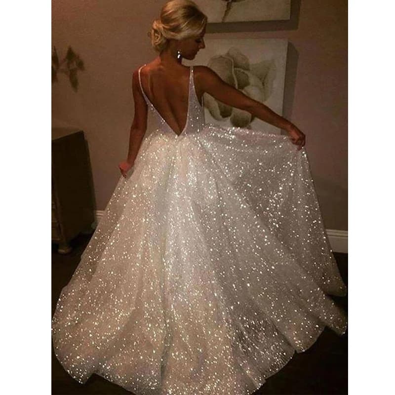 LORIE Glitter Women's Wedding Dress v neck tailoring wedding dresses свадебное платье бле gelinlik Arabic Bridal Gown Customized