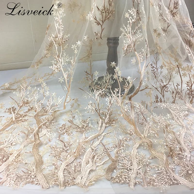 Quality champagne Embroidery French Net Lace Fabric 3D flower Tulle Lace African Lace Fabric for wedding Nigerian Party dress